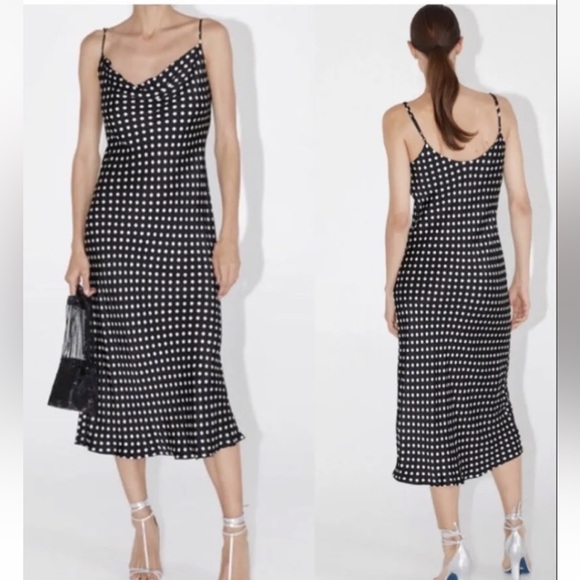 Zara Black Polka Dot Spaghetti Strap Cowl Neck Midi Dress Size Medium - Picture 1 of 5